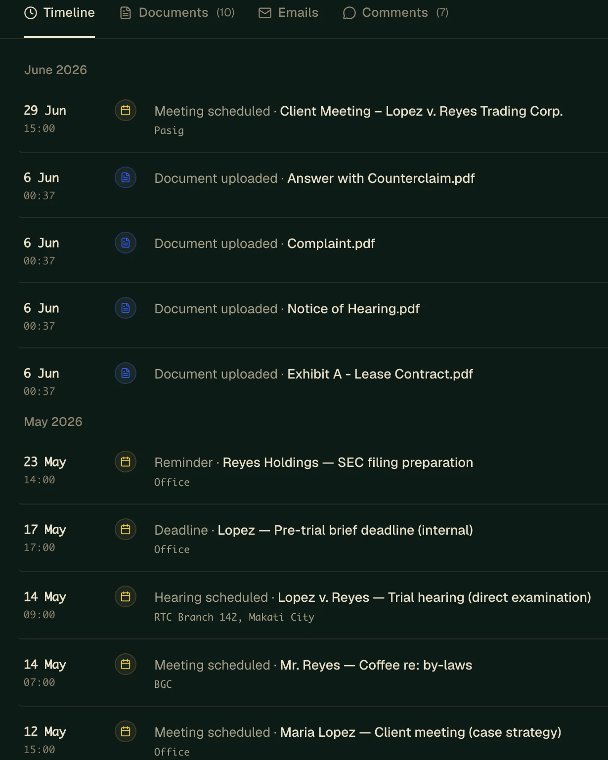 A Causa matter timeline — hearings, deadlines, and document uploads tracked in one place
