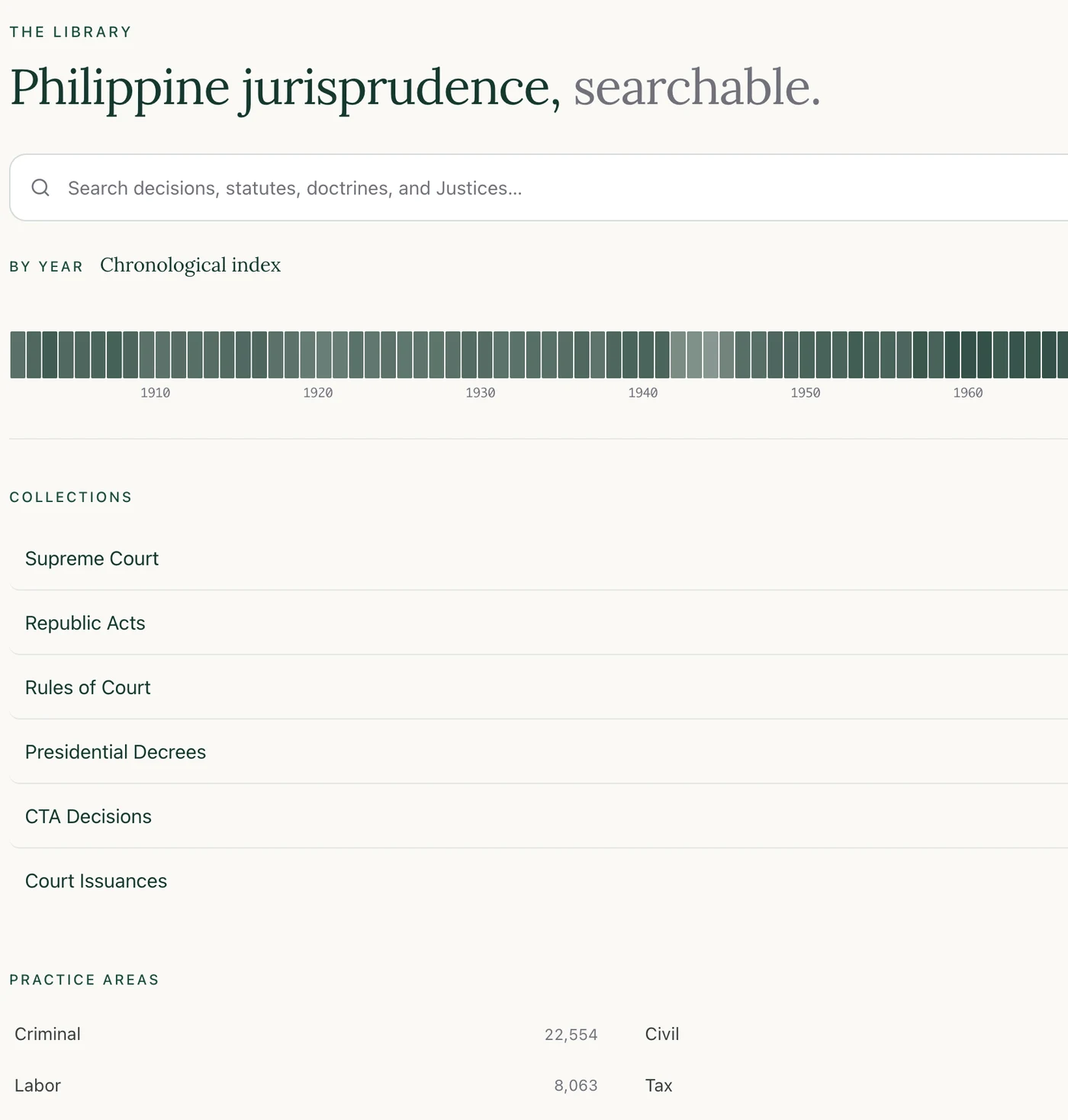 Causa's legal research library — searchable Philippine jurisprudence with a chronological index and collections